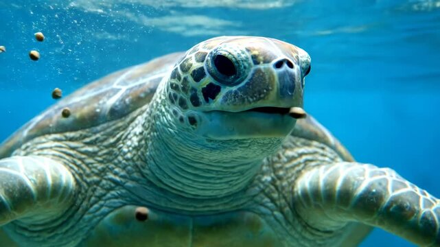 A majestic sea turtle swims gracefully in clear blue water. It opens its mouth to eat floating food pellets.