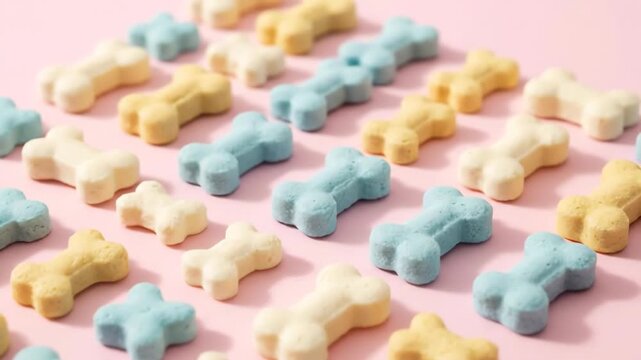 Colorful bone-shaped treats are neatly arranged on a soft pink background. These adorable pet snacks create a charming and repetitive pattern.