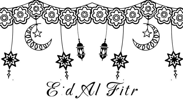 Black and white Islamic garland with moons, stars, and lanterns