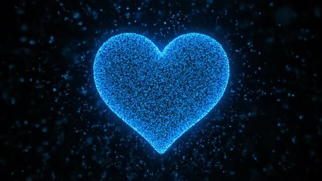 Blue particles elegantly form a glowing heart shape. This abstract animation symbolizes love and connection.