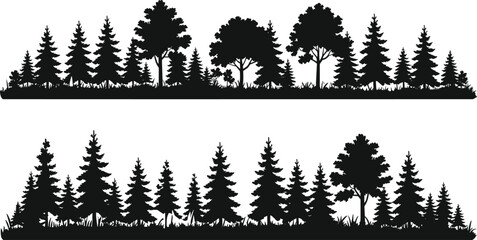 Black forest silhouettes of coniferous and deciduous trees with layered vegetation, perfect for nature artwork, design, and illustration © Hello There