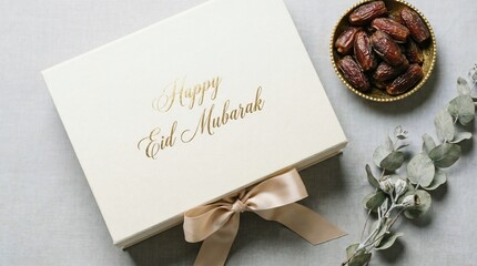 Elegant Eid Mubarak gift box featuring golden calligraphy, a satin ribbon, traditional dates, and decorative foliage, conveying festive greetings and blessings