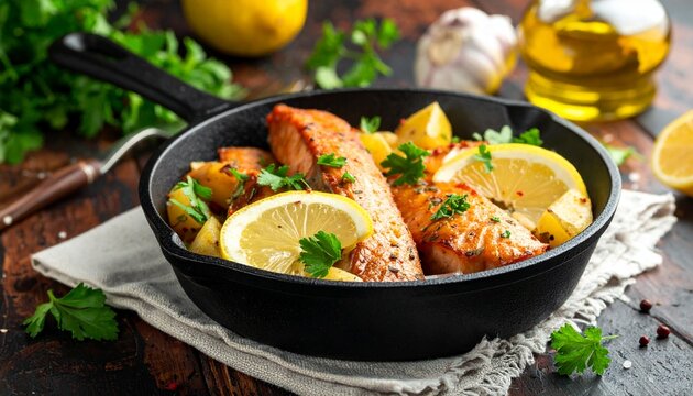 Smoked fish rougaille in iron pan, rustic kitchen mood