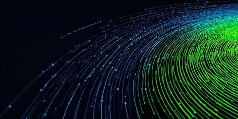Abstract dynamic data stream of glowing blue and green fiber optic particles