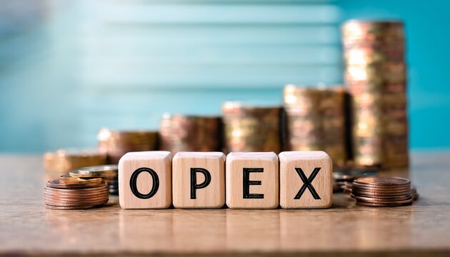 wooden cubes with abbreviation opex operating expenses blurred coins on backdrop
