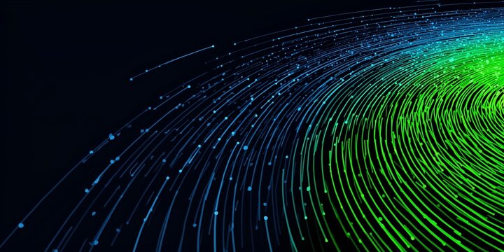 Abstract dynamic data stream of glowing blue and green fiber optic particles

