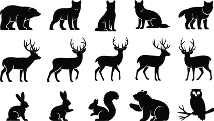 Obraz premium Black woodland animal silhouettes including bear, deer, fox, wolf, rabbit, squirrel, and owl, perfect for wildlife art design