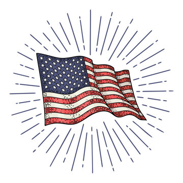American flag and firework. Vector vintage engraving color illustration for poster, greeting card and banner independence day. Isolated on white background.