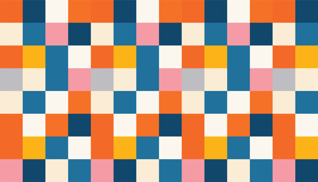 Modern retro grid seamless pattern, colorful checkered background with blue, orange, and pink squares