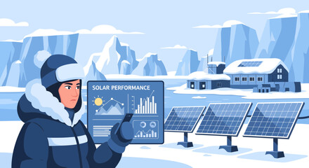 Obraz premium Scientist in winter gear analyzing solar performance data on a digital tablet.