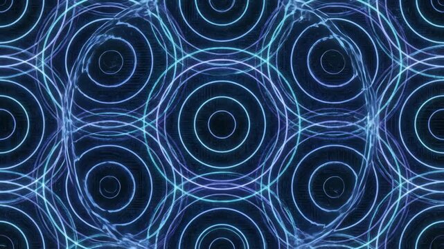 Geometric blue hexagonal pattern with concentric circles forms a mesmerizing pulsating digital background creating a sense of advanced technology and universal connection