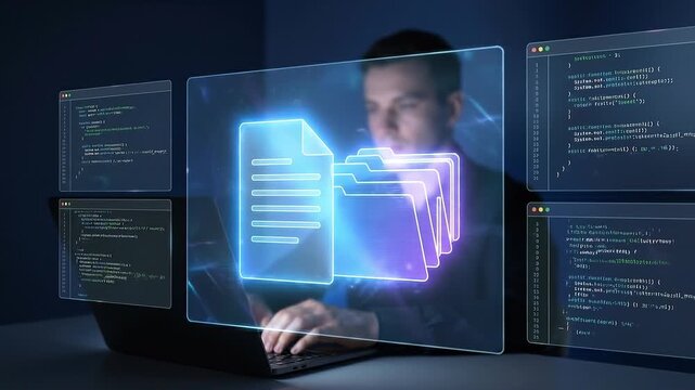 Digital file folder document and folder icons floating above laptop screen with hologram code windows as developer programmer reviews secure data and document management system for file organization