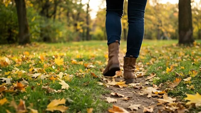 A person walks on a leaf strewn path in a serene forest during autumn Sunlight filters through the trees highlighting the vibrant fall foliage in yellow and orange