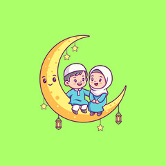 Muslim Children Sitting on Crescent Moon Ramadhan