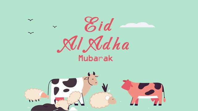 Eid Al Adha Mubarak greeting with cartoon animals
