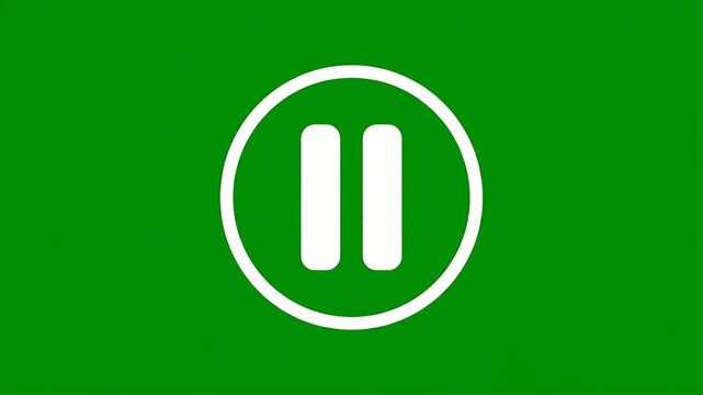 Mouse Cursor Clicking Pause Button on Green Screen - A stylized white mouse cursor clicks on a round white pause button symbol on a vibrant green screen background.