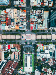 Nguyen Hue walking street in Ho Chi Minh aerial drone view, tourist attraction of asian Saigon city, Hochiminh Vietnam, directly above