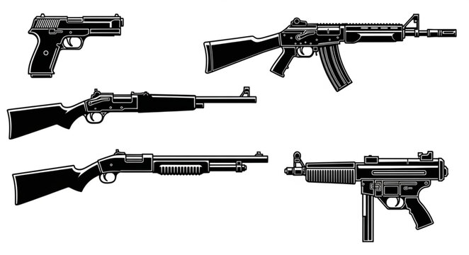 Collection of various firearms, including pistols, rifles, and shotguns, in a monochrome style.