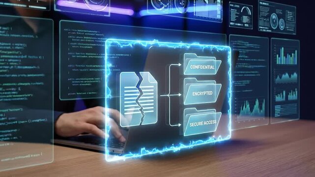 Encrypted file transfer concept with glowing holographic folder icons secure access confidential labels over laptop conveying cybersecurity and data protection urgency encrypted file transfer concept