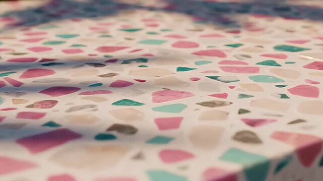 Pastel Terrazzo Surface Texture - A close-up shot reveals a textured surface with a terrazzo pattern. The pattern is composed of pastel pink, mint, and other colored fragments set in a light