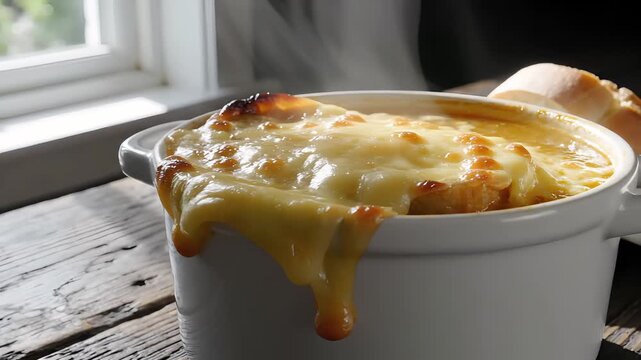 Delicious baked mac and cheese in white bowl on rustic wooden table by window