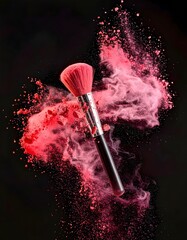 Ein Schminkpinsel, der rosa Puder auf einen schwarzen Hintergrund dynamisch einf&auml;ngt.