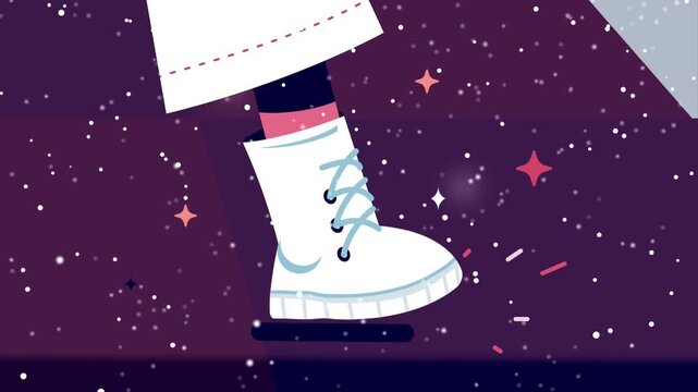 Close-up of Person Wearing White Boots Walking on Snow, 2D Animation of Winter Footsteps and Outdoor Seasonal Stroll in Cold Weather