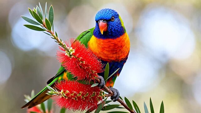 Colorful parrot perched on flower branch