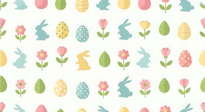 Seamless pattern with cute pastel Easter bunnies, eggs, and spring flowers creating a festive and cheerful background for holiday designs and children's themes