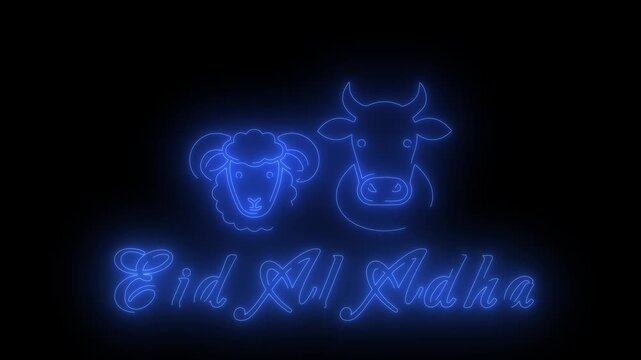 Eid Al Adha neon greeting with sheep and cow icons
