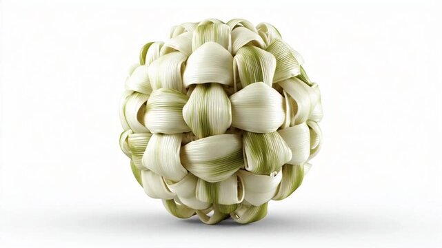 A woven sphere made of white and green elements, resembling a natural object or abstract art.