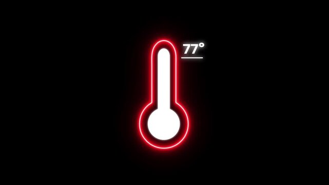Glowing Red Thermometer with 77 Degrees Temperature Reading on Black Background red neon glowing 77 degrees