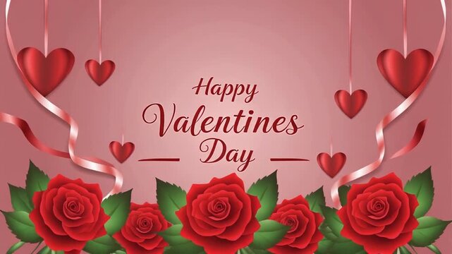 Valentine's Day celebration with roses, hearts, and ribbons on pink background