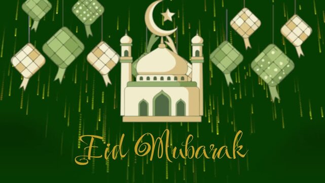 Eid Mubarak greeting with mosque, crescent moon, and ketupat