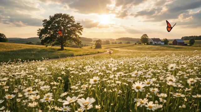 Golden hour bathes a wildflower meadow with a large tree in the background Butterflies flutter above the daisies Peaceful rural scene