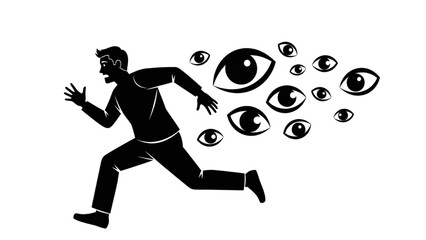 Man Running From Watching Eyes Silhouette Concept of Surveillance and Privacy