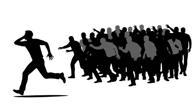Man Running From Aggressive Crowd Silhouette Concept of Social Pressure
