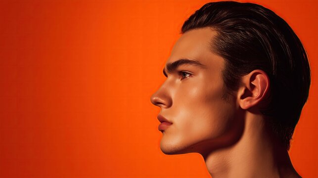 side profile of a young man slick hair model studio orange glow neon led lights fashion shaving brand photography space for copy text clean shaven