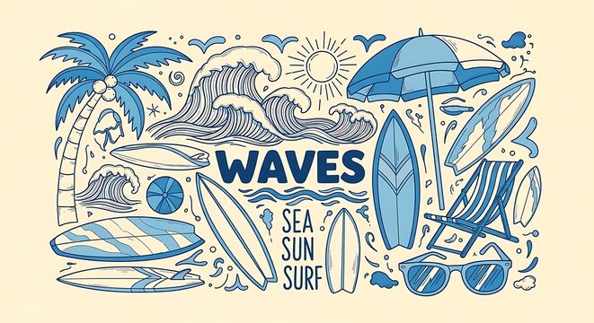 Stylized blue-toned illustration depicting beach elements waves, boards, palm tree, sun, chair, glasses