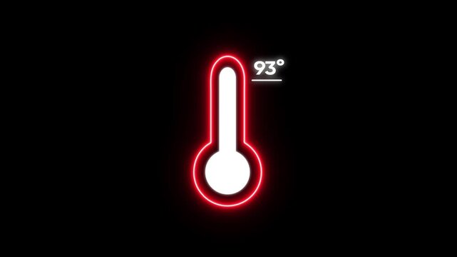 Glowing Red Thermometer with 93 Degrees Temperature Reading on Black Background heat red glow neon sign