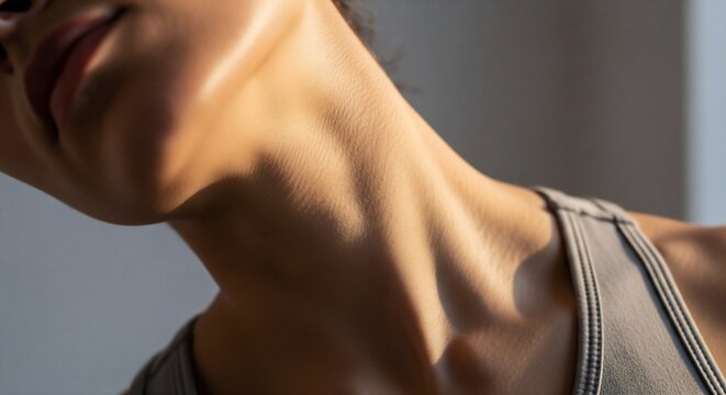 Close-up of fit woman's neck and shoulder muscles in athletic wear