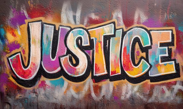 Colorful Graffiti Art with the Word 'Justice' on Urban Wall