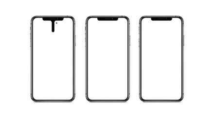 Three modern smartphones with blank screens