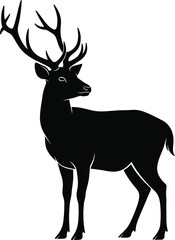 Obraz premium Majestic deer silhouette looking back with large antlers isolated on white background for wildlife nature and hunting logo design.
