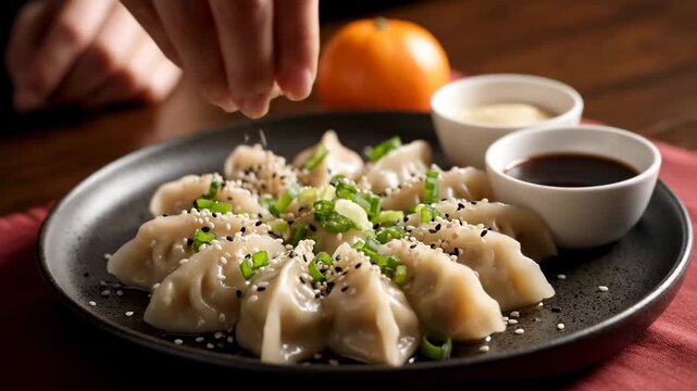 Hand Sprinkling Sesame Seeds Over Delicious Asian Dumplings Garnished with Green Onions and Dipping Sauces, Appetizing Meal