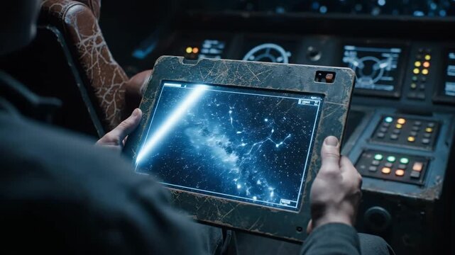 Pilot holding a tablet with a star map in a spaceship cockpit. Sci-fi navigation and space exploration concept
