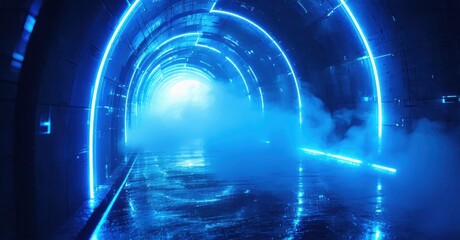 Fototapeta premium Futuristic tunnel glows with vibrant blue light. Mist fills space, creating dramatic perspective. Dark walls frame intense illumination.