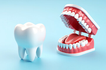 White tooth and open mouth dental model with red tongue on blue image