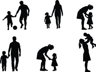Black family silhouettes vector set featuring parents and children playing, walking, and holding hands isolated on white background for lifestyle and community design projects.