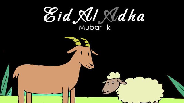 Happy Eid Al Adha Mubarak with cartoon goat and sheep